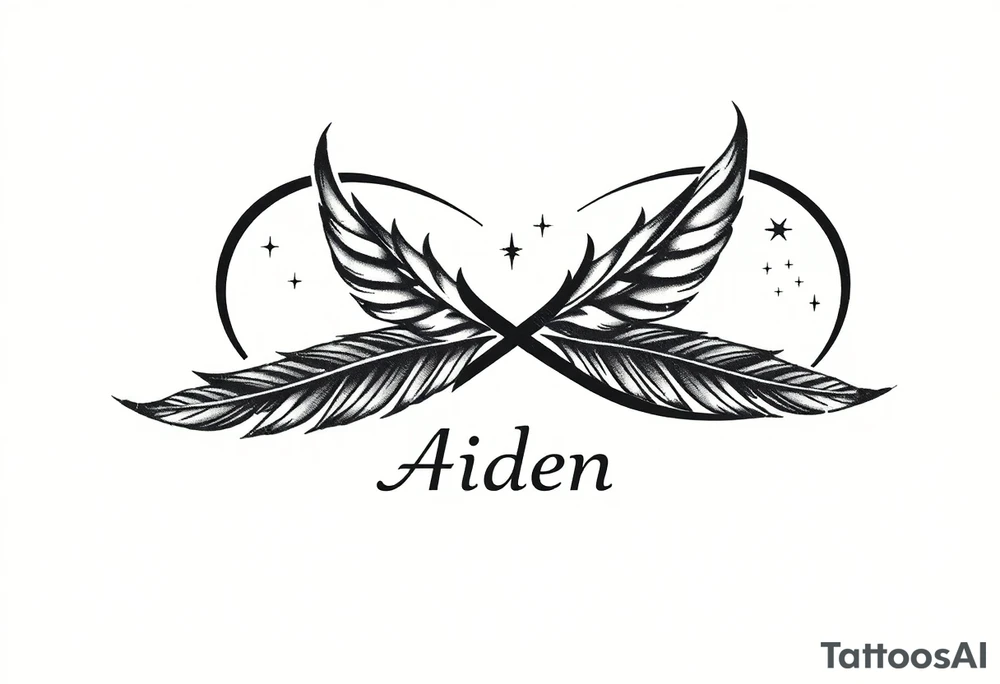 infinity symbol woven with floating feathers and stardust and the name Aiden tattoo idea