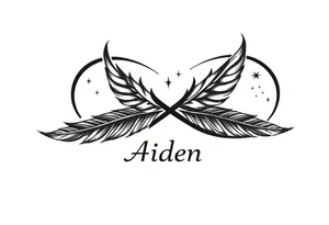 infinity symbol woven with floating feathers and stardust and the name Aiden tattoo idea