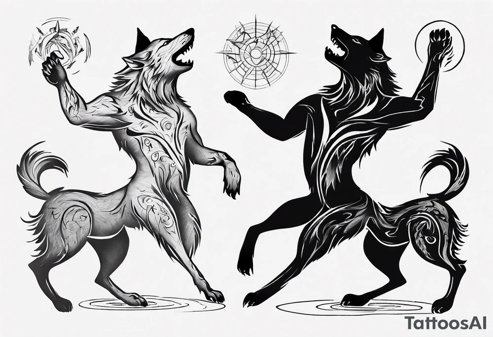 stick figures of two wolves dancing tattoo idea