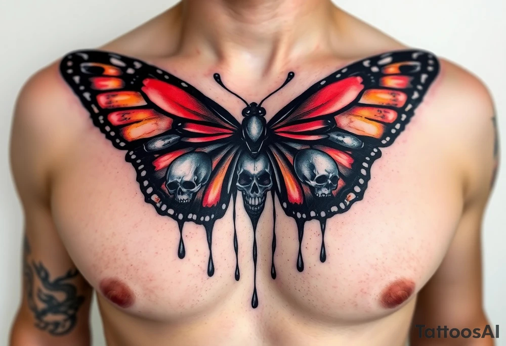 powerful majestic and dark monarch butterfly with skull detail in the wings
hidden skulls in wings, skull detail making the body of the butterfly with a horror style dripping effect, including blue, red and white colouring
placement on chest
combine the favorites tattoo idea