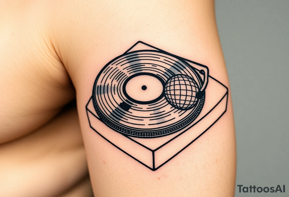 vinyl record player with a smaller disco ball to the side of it tattoo idea