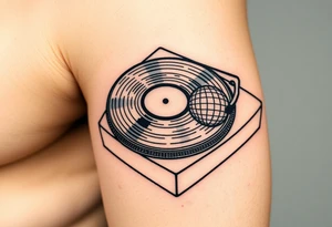 vinyl record player with a smaller disco ball to the side of it tattoo idea