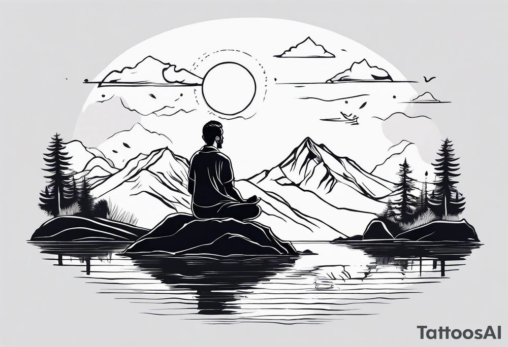 a meditating man by the mountain river tattoo idea