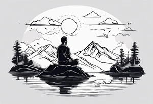 a meditating man by the mountain river tattoo idea