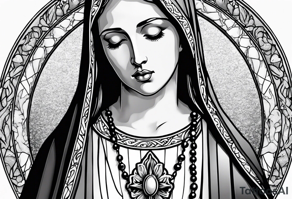 Virgin Mary  looking down with black tears and rosary young version tattoo idea