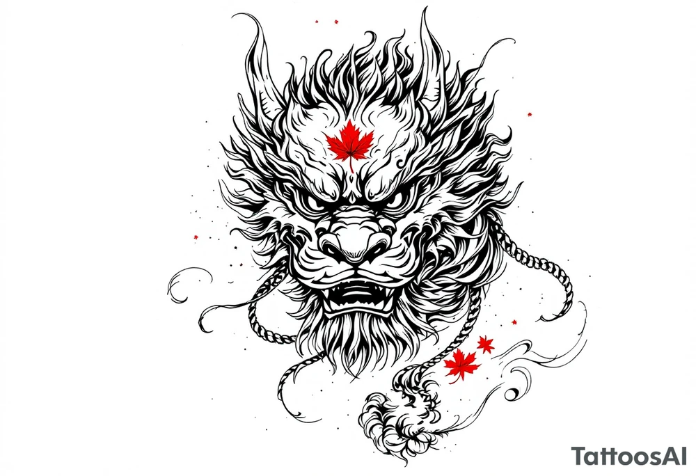 mythical Foo Dog (Half dog, half lion)  with wind and red maple leaf tattoo idea