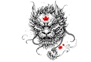 mythical Foo Dog (Half dog, half lion)  with wind and red maple leaf tattoo idea