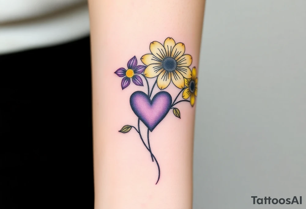 Yellow daisy Purple Hearts in heaven tattoo idea