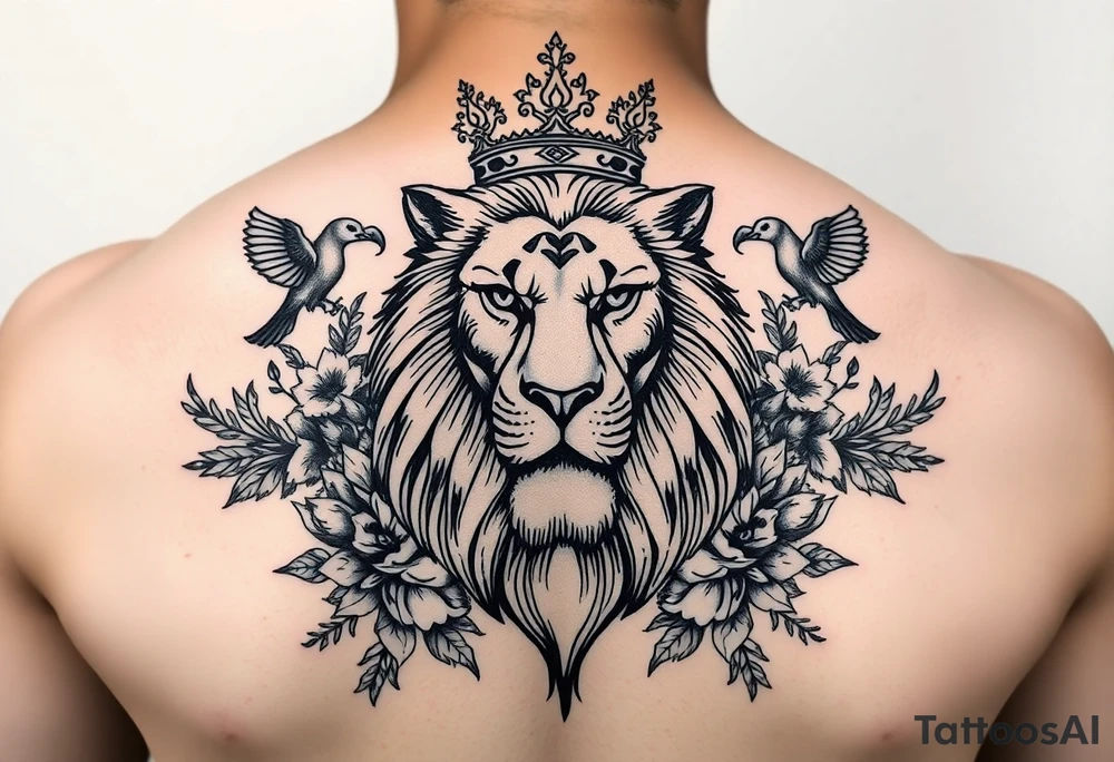 powerful majestic lion with a crown, surrounded by floral ornaments and birds tattoo idea