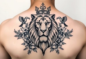 powerful majestic lion with a crown, surrounded by floral ornaments and birds tattoo idea