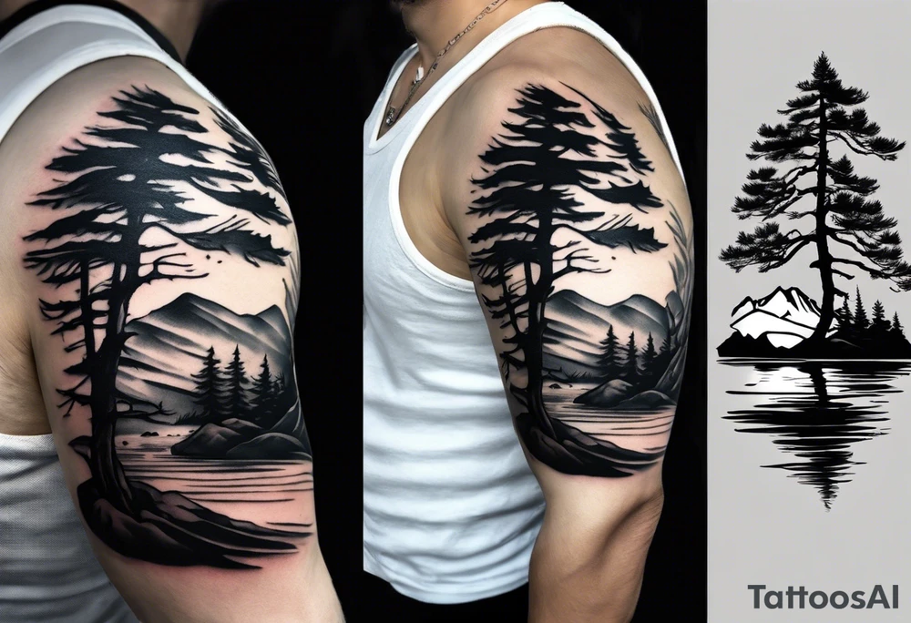 Sleeve tattoo windswept pine tree before lake with low rock face on another side of lake. Mastiff silhouette in foreground. tattoo idea