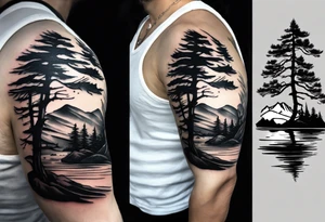 Sleeve tattoo windswept pine tree before lake with low rock face on another side of lake. Mastiff silhouette in foreground. tattoo idea