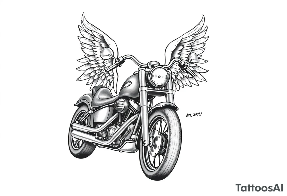 Low rider grey motorcycle, big muffler pipes with flames, angel wings, driving away, no person tattoo idea
