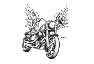 Low rider grey motorcycle, big muffler pipes with flames, angel wings, driving away, no person tattoo idea
