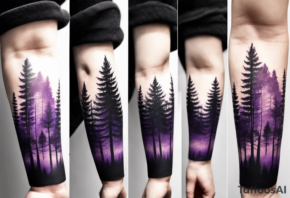 forest, purple and black, on forearm, fully covered, no borders, blackwork tattoo idea