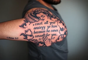cast all your anxiety on him because he cares for you"  1 peter 5:7 surrounded with clouds and angels and praying hands tattoo idea