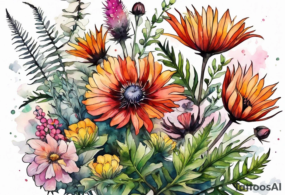 wildflowers with thistles, ferns, burnt orange flower, white flowers, pink flowers, red flowers and yellow flowers all in watercolor tattoo idea