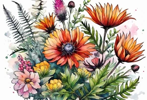 wildflowers with thistles, ferns, burnt orange flower, white flowers, pink flowers, red flowers and yellow flowers all in watercolor tattoo idea