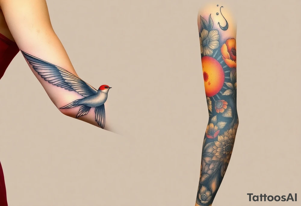 one side of the arm- the other has a swallow  flying into the night sky into a moon/sun based on the lyrics )into the night of the dark black sky” by the beatles. the rest of the tattoo sleeve is based on these two songs plus “the soft parade” by the doors tattoo idea