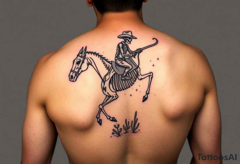cowboy skeleton riding the horse skeleton on bicep, sized to fill most of the outer bicep. mountain/longhorn skull over the shoulder cap. Dill with (stars, dots, and desert plants) tattoo idea