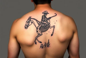 cowboy skeleton riding the horse skeleton on bicep, sized to fill most of the outer bicep. mountain/longhorn skull over the shoulder cap. Dill with (stars, dots, and desert plants) tattoo idea