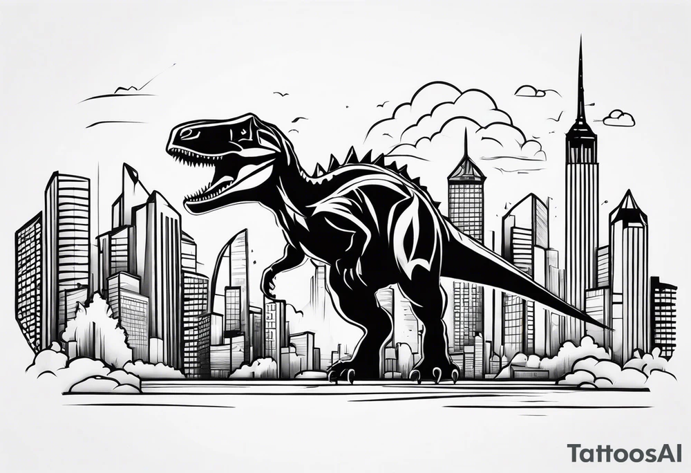 dinosaur destroying city tattoo idea