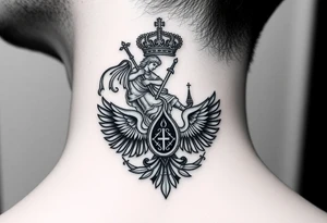 St. George slaying the dragon (hugely common in Russian Orthodox art)
Russian imperial crown above the eagle
Crossed swords or a Russian sabre
The Kremlin or St. Basil's Cathedral scene tattoo idea