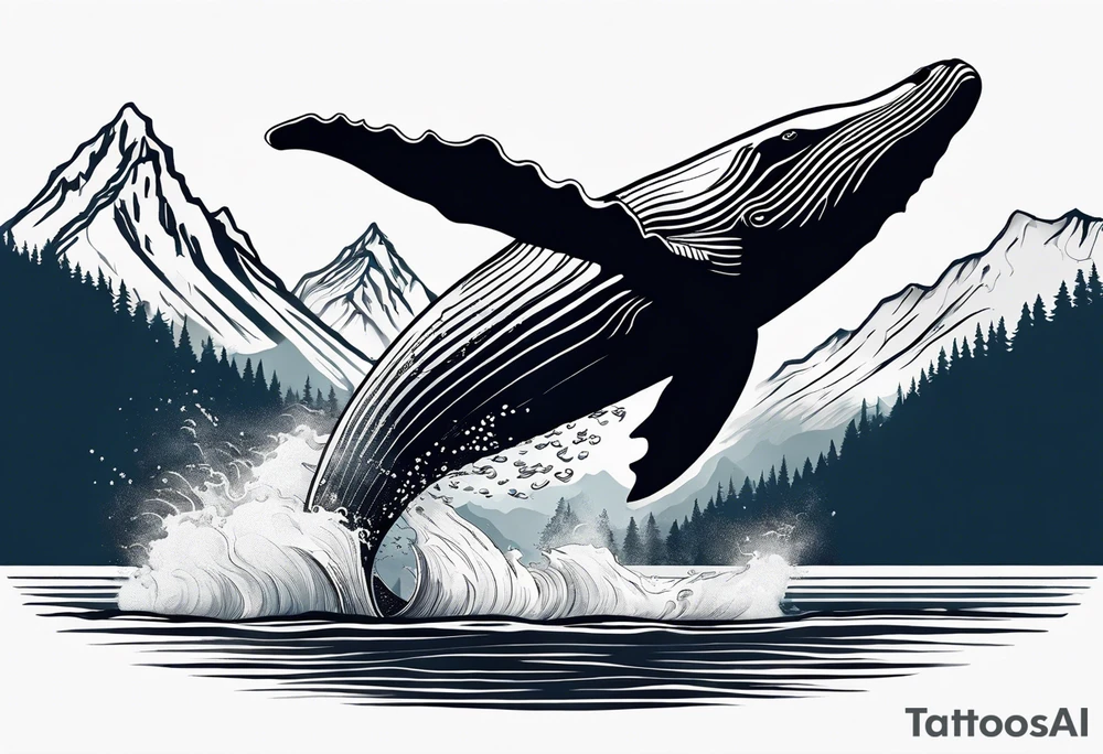 breaching humpback whale with a drawing of the Teton mountains behind it tattoo idea