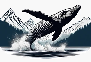 breaching humpback whale with a drawing of the Teton mountains  behind it tattoo idea