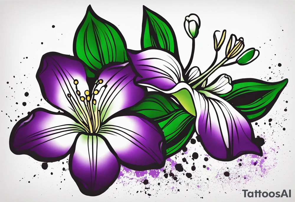 An outline of a rio dipladenia flower with a splatter green and purple behind it tattoo idea