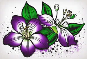 An outline of a rio dipladenia flower with a splatter green and purple behind it tattoo idea
