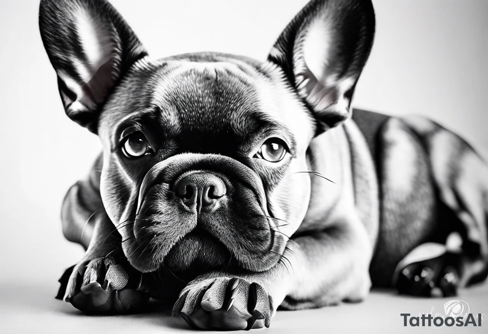 Design a delicate outline tattoo of a French Bulldog, emphasizing its charming features and quirky expression tattoo idea