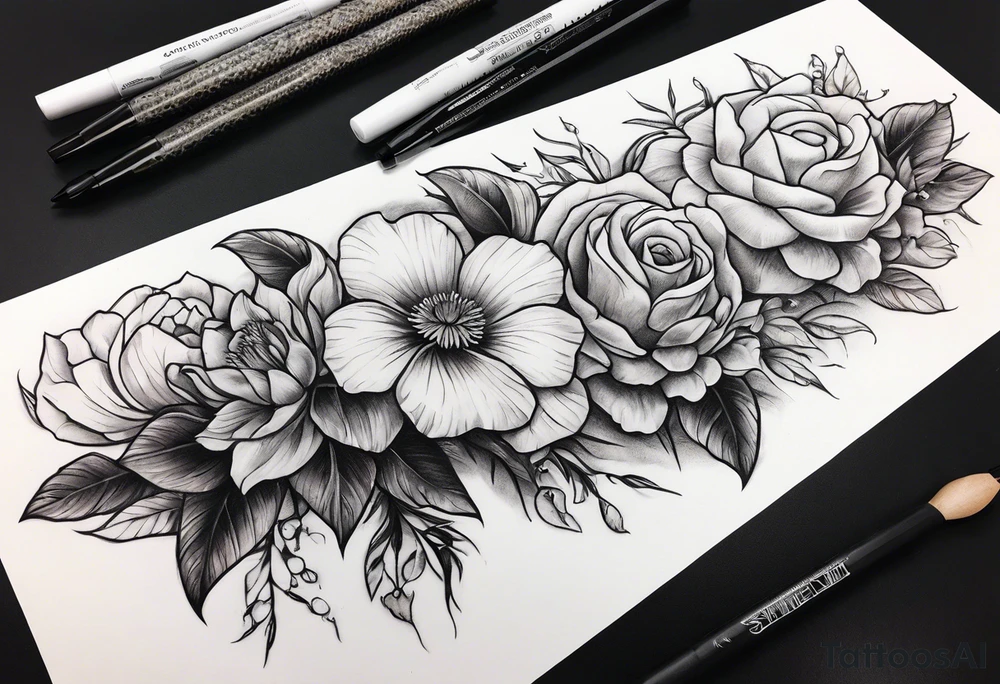 forearm snake and flower sleeve stencil tattoo idea