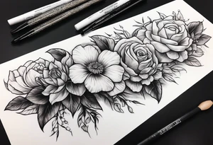 forearm snake and flower sleeve stencil tattoo idea
