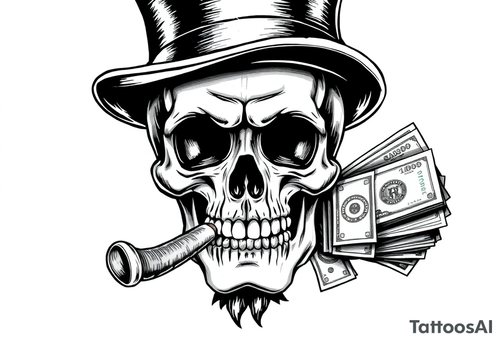 skull with mustache,a big cigar in his mouth,a top-hat on his head and alot of money in a hand. tattoo idea