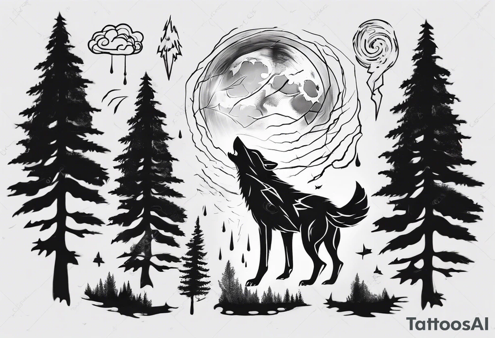 thunderstorm over a forest and a wolf howling tattoo idea thunderstorm over a forest and a wolf howling tattoo idea