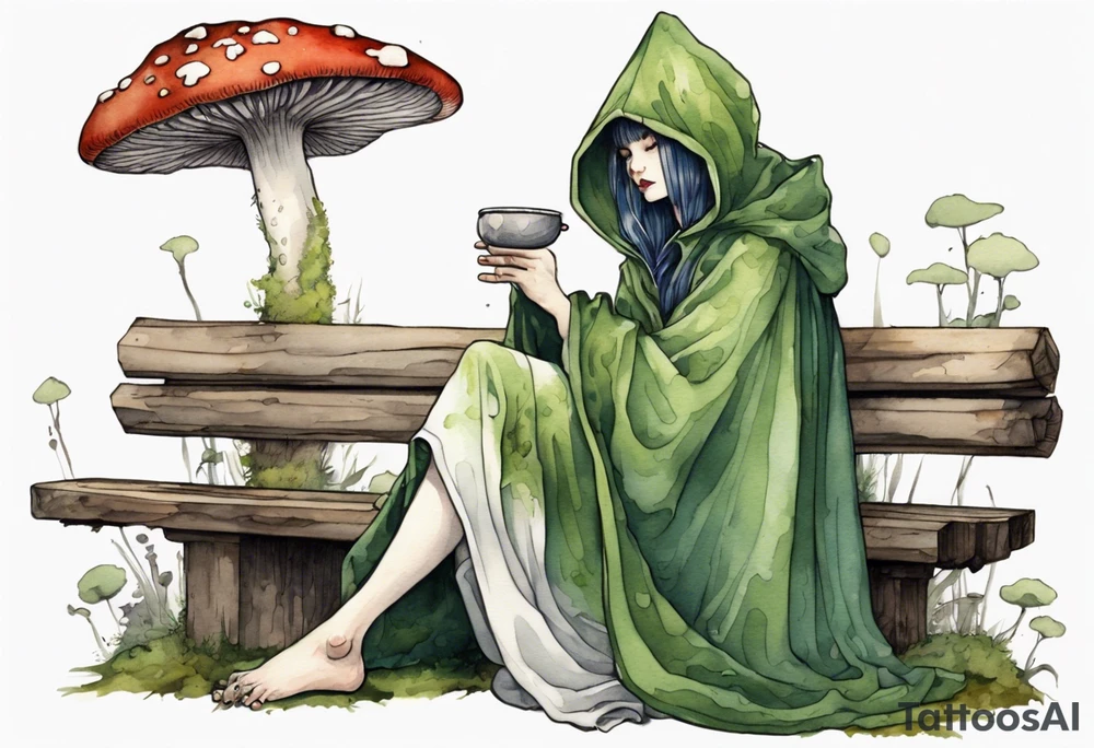 a mossy mushroom wearing medieval cloak sitting on a bench drinking from a wood cup tattoo idea