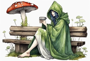 a mossy mushroom wearing medieval cloak sitting on a bench drinking from a wood cup tattoo idea