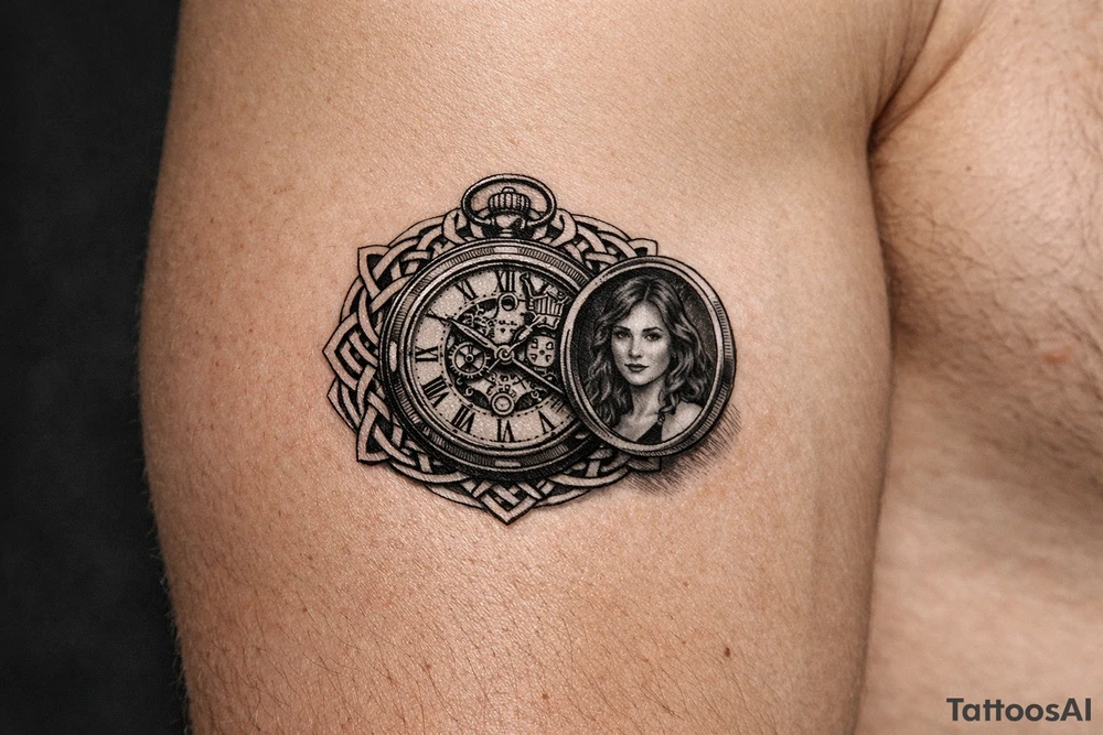 Victorian pocket watch, Margo's portrait inside, intricate brass clockwork mechanism. add celtic pattern around area tattoo idea
