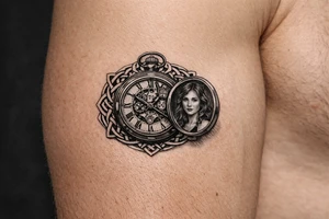 Victorian pocket watch, Margo's portrait inside, intricate brass clockwork mechanism. add celtic pattern around area tattoo idea