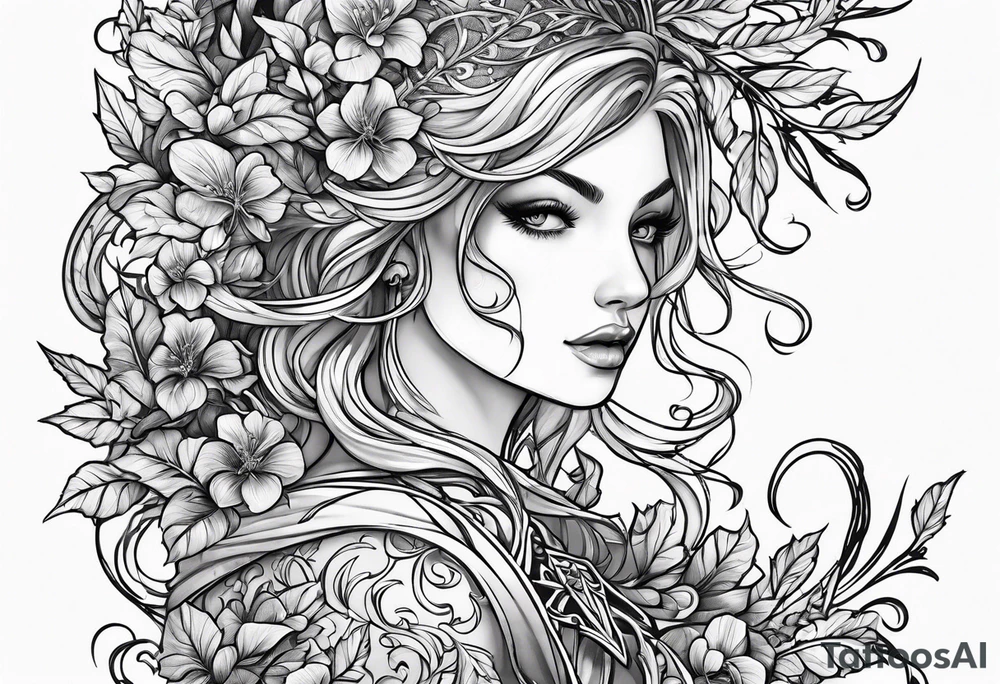 Leafy vines with sword tattoo idea