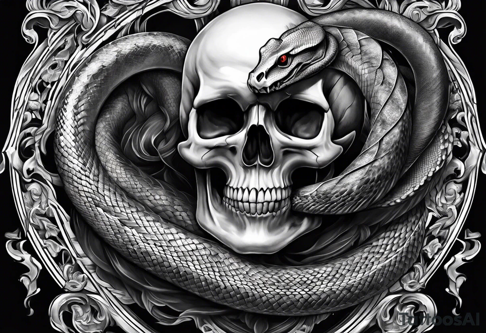 Snake intertwined into a realistic skull tattoo idea