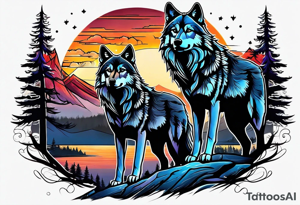 Wolves spouses
Dark woods
Mountains
Sunset tattoo idea