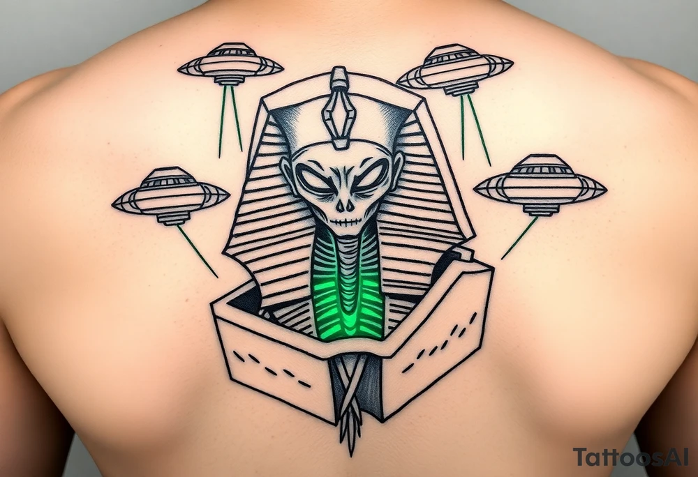 "Pharaoh's sarcophagus opening to reveal a grey alien. Instead of organs: glowing crypto wallets. Floating UFOs are shaped like Chevy Impalas (lowrider style).  

Style: Neo-traditional tattoo with glitch effects. Colors: turquoise/black/neon green." tattoo idea