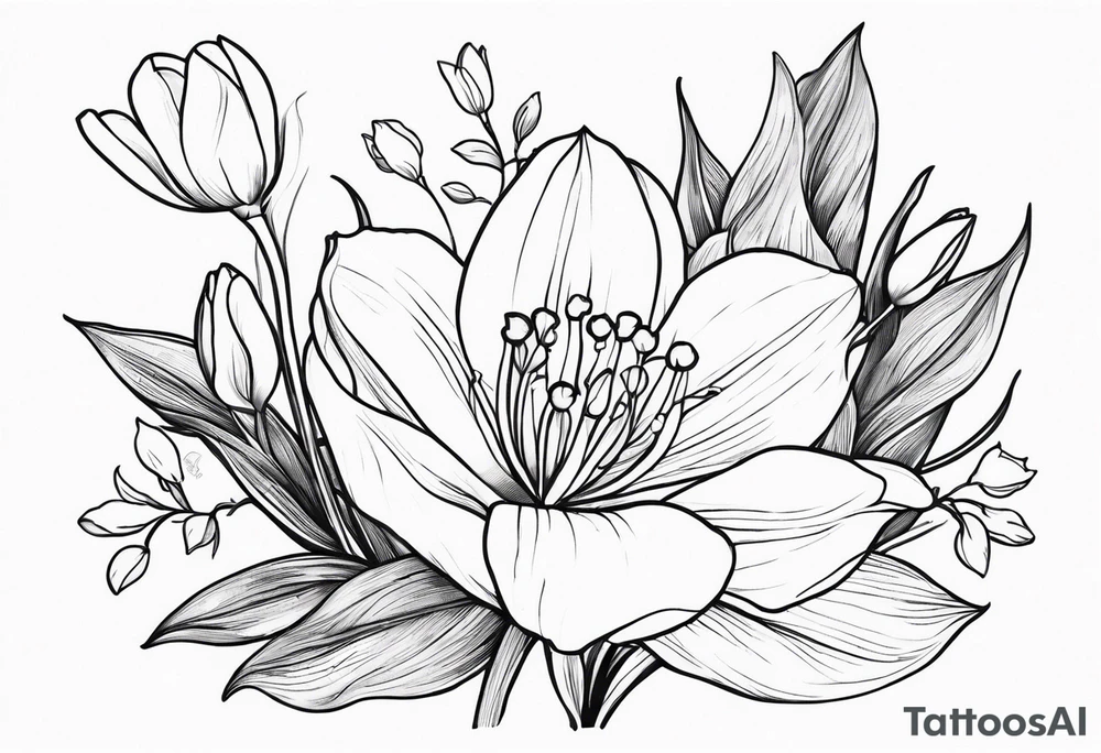 Lily of the valley, rose, greenery, tiny frog, tulips, grasses lower arm tattoo idea