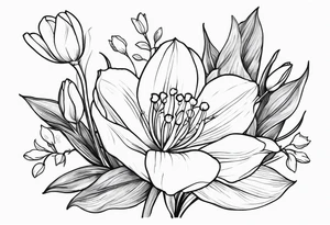 Lily of the valley, rose, greenery, tiny frog, tulips, grasses lower arm tattoo idea