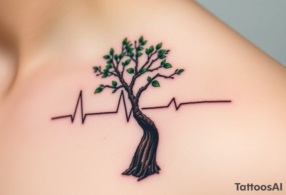 A heartbeat line flowing into a tree silhouette, with green leaves and brown bark, symbolizing the growth and strength of love tattoo idea