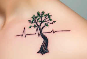 A heartbeat line flowing into a tree silhouette, with green leaves and brown bark, symbolizing the growth and strength of love tattoo idea