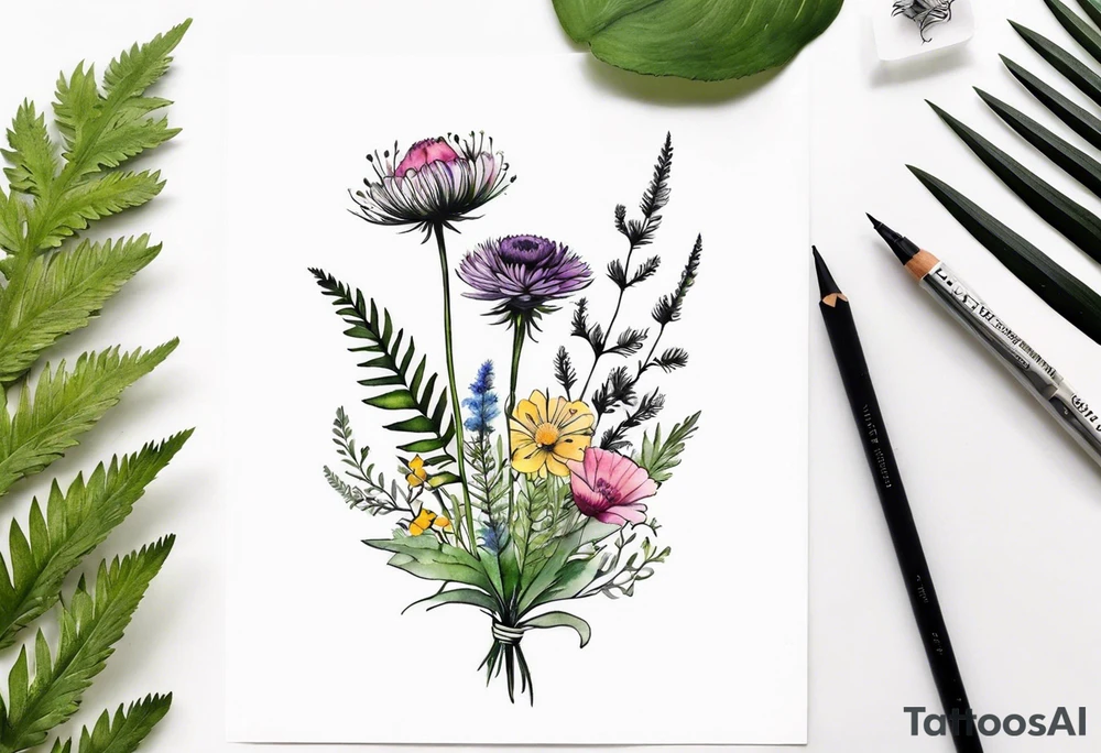 mixed wildflower bouquet with ferns, ranunculus, thistle and with watercolor to go along foot tattoo idea