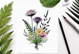mixed wildflower bouquet with ferns, ranunculus, thistle and with watercolor to go along foot tattoo idea